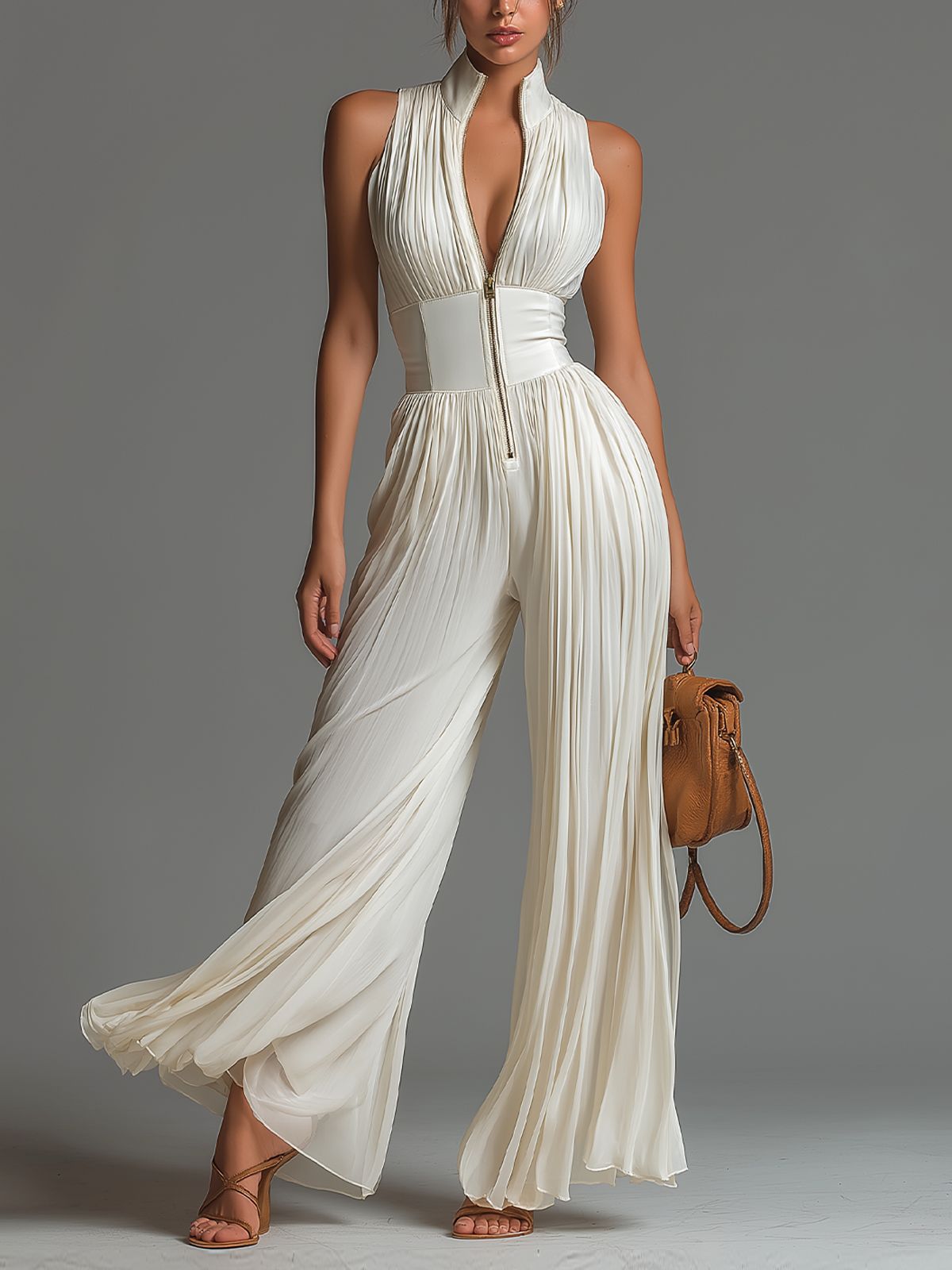Macacão feminino branco com alças plissadas no pescoço, pernas longas e largas,