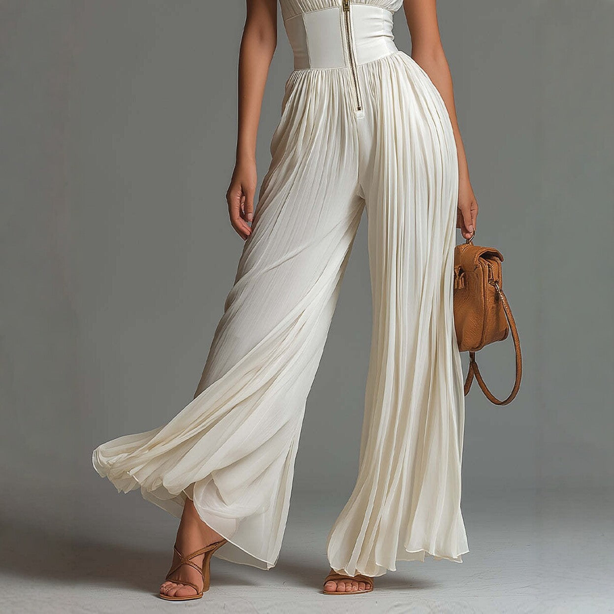 Macacão feminino branco com alças plissadas no pescoço, pernas longas e largas,