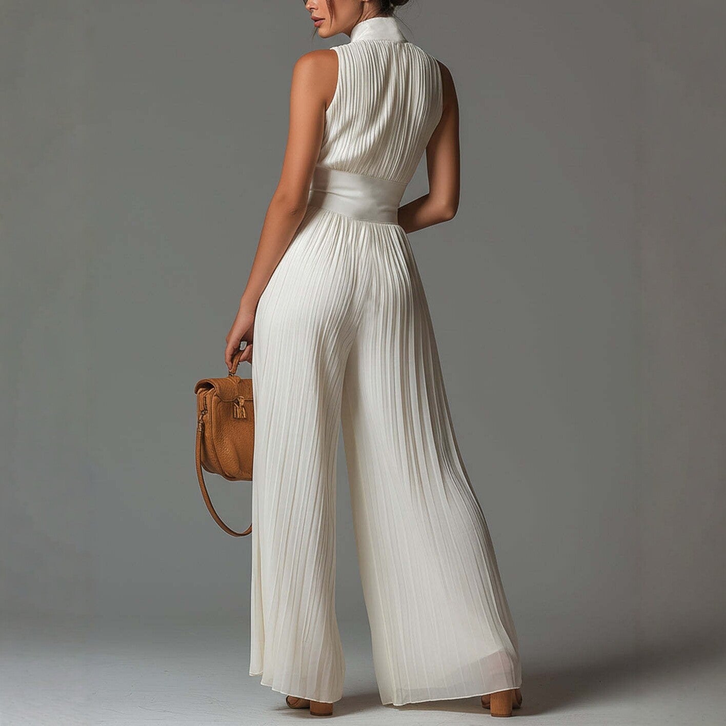 Macacão feminino branco com alças plissadas no pescoço, pernas longas e largas,